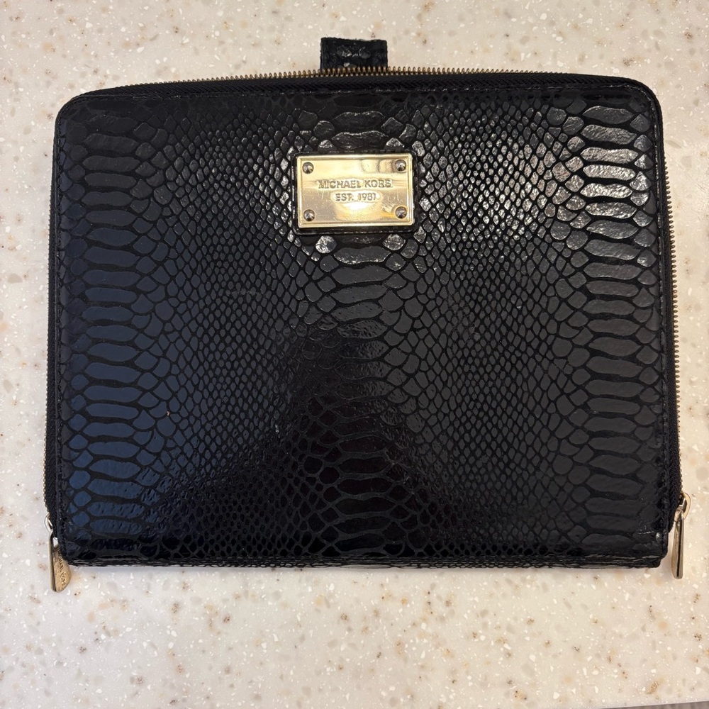 Michael Kors Black Embossed Snakeskin iPad Cover with Gold Accents
